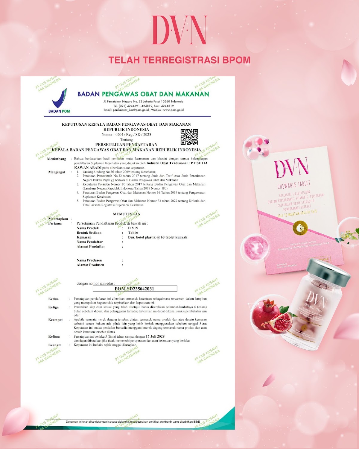 Sertifikat Registrasi BPOM DVN