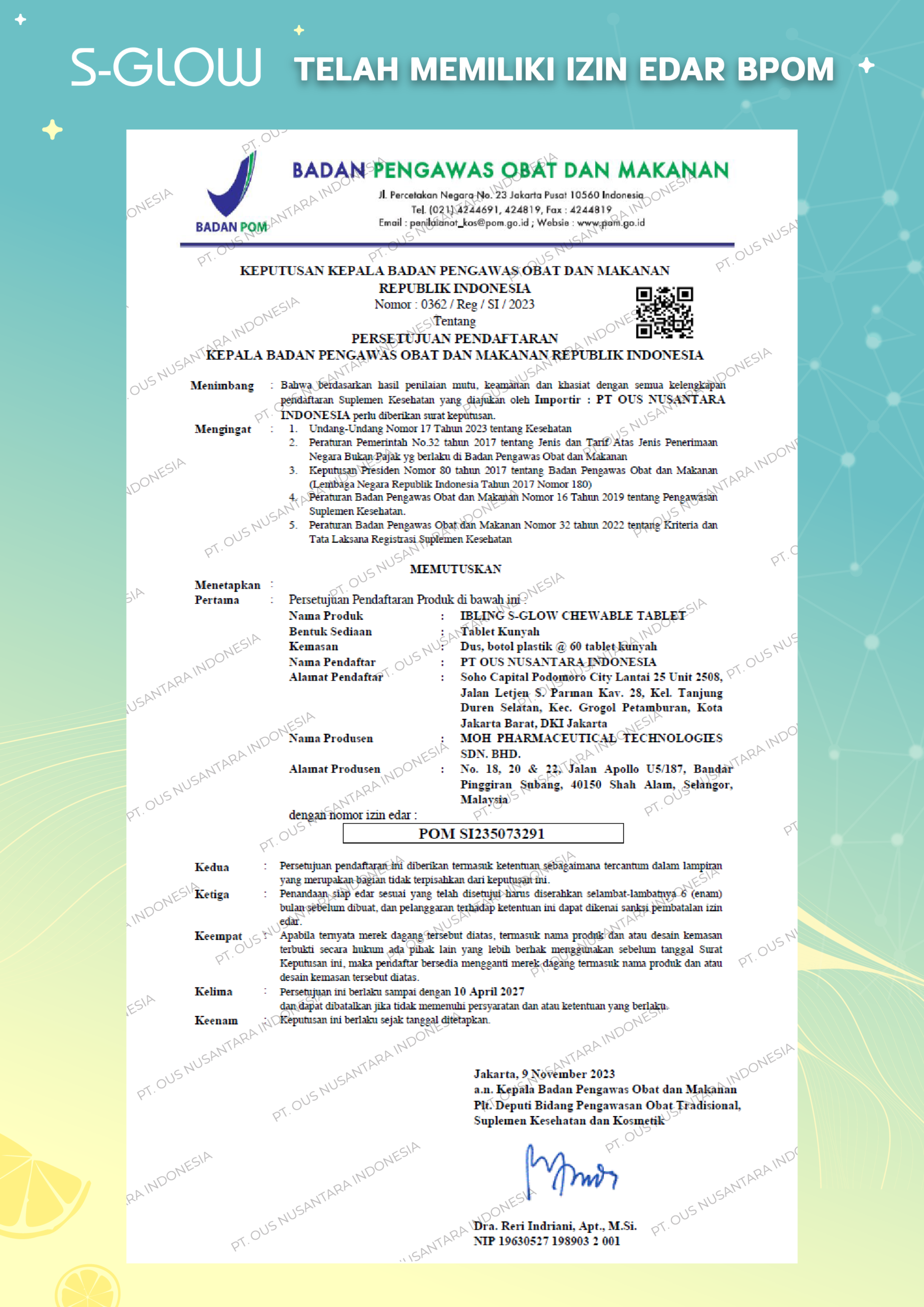 Sertifikat Registrasi BPOM S-GLOW